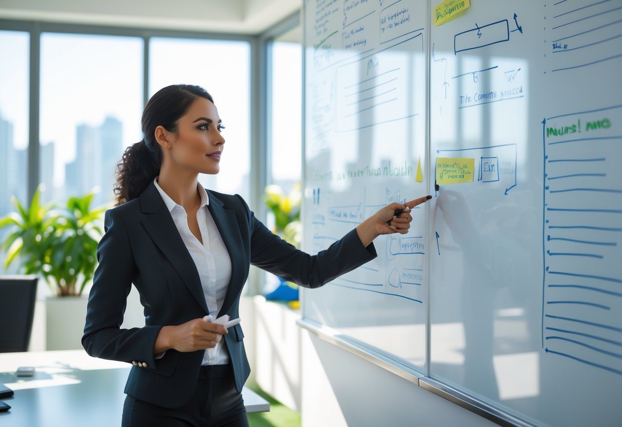 Mulher profissional brasileira explicando conceitos em um escritório moderno com quadro branco e luz natural.