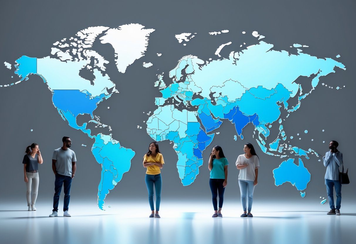 Mapa-múndi com cores diferentes indicando países que menos tomam banho, cercado por pessoas diversas observando o mapa.