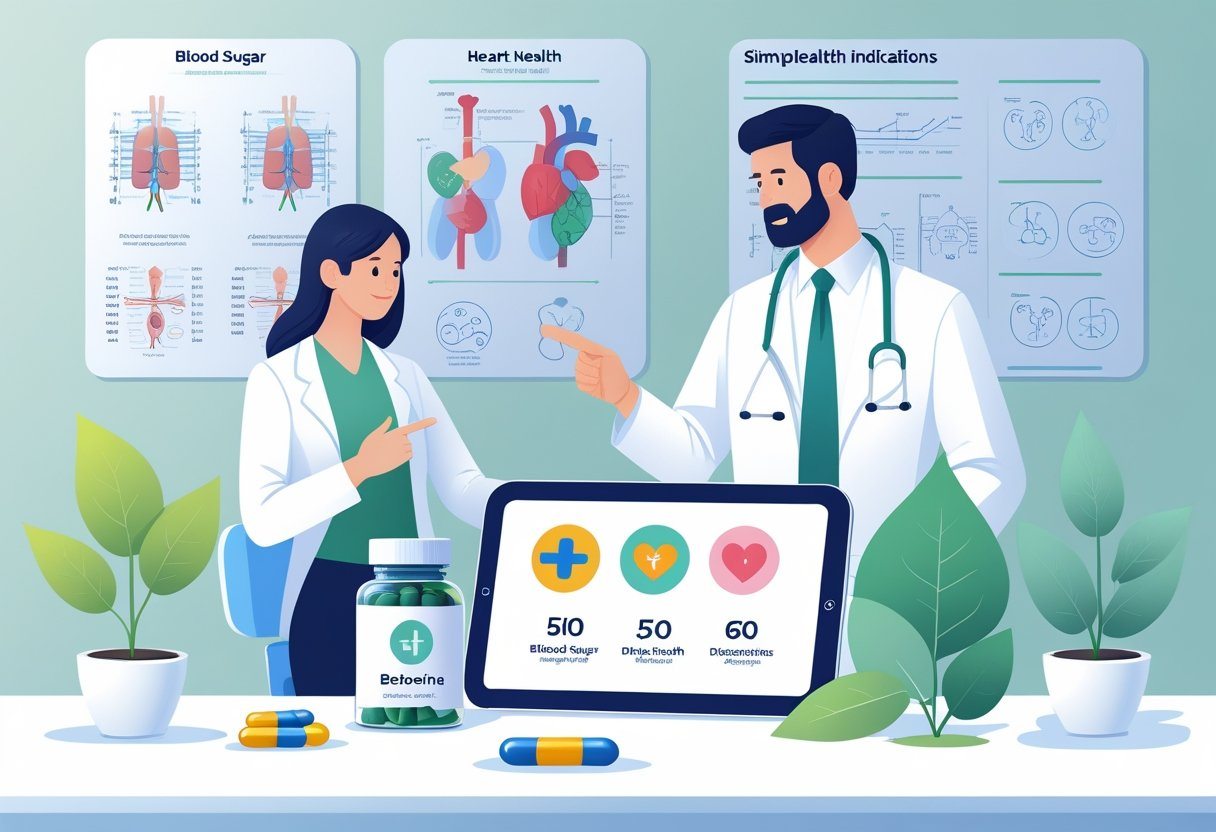 Um médico em uma clínica moderna consulta um paciente, com frascos de berberina e cápsulas em uma mesa ao lado, além de ícones que representam benefícios para a saúde como controle de açúcar no sangue, coração e digestão.