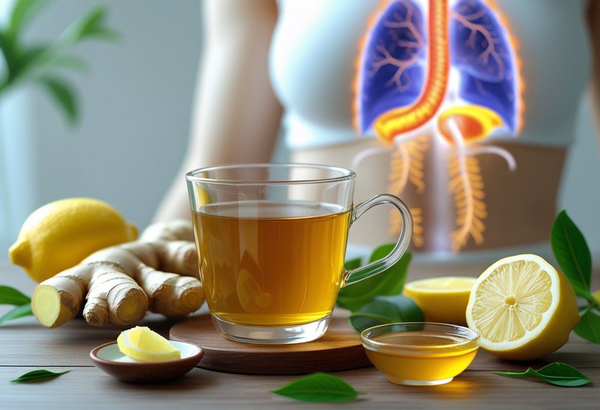 Copo de chá de gengibre com gengibre fresco, limão e mel sobre uma mesa, com um desenho do torso humano destacando o esôfago e estômago ao fundo.
