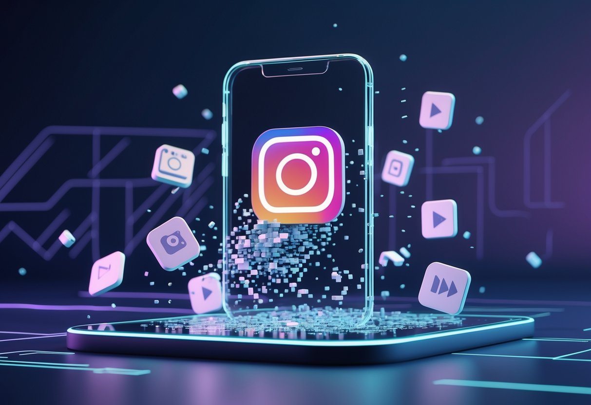Cena mostrando um smartphone flutuando com o ícone do Instagram desaparecendo em partículas digitais, rodeado por ícones transparentes de fotos, vídeos e mensagens se desfazendo no espaço digital.