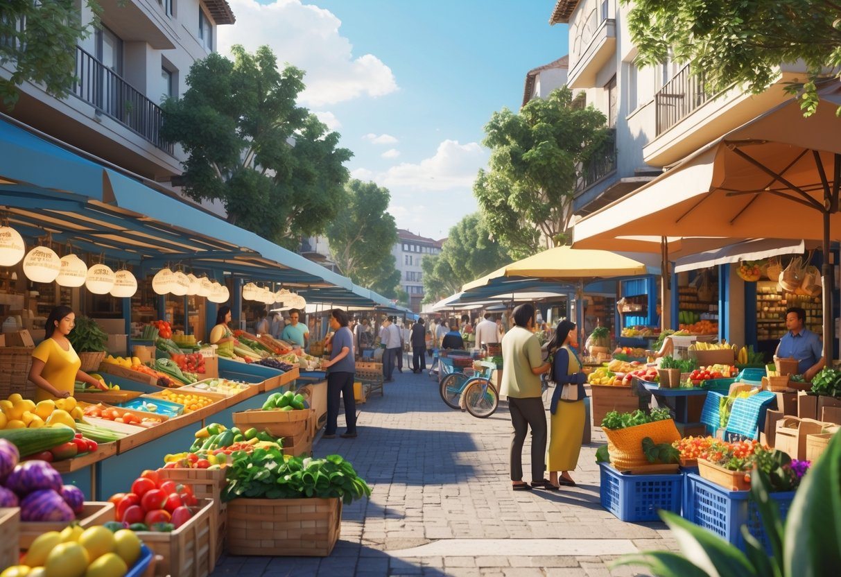 Cena de um mercado local movimentado com barracas coloridas, pessoas comprando e prédios ao redor.