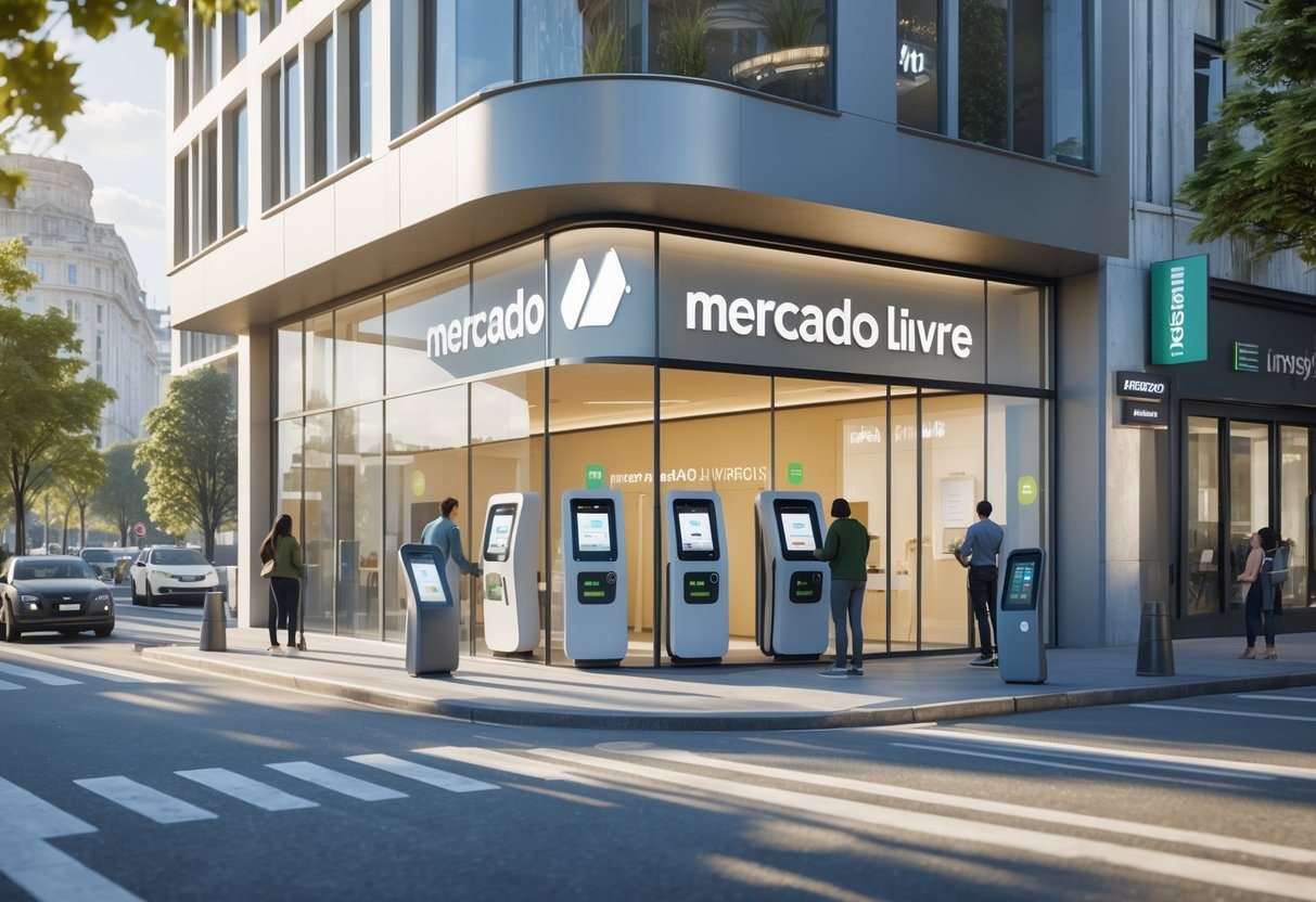 Agência Mercado Livre moderna em bairro urbano com pessoas usando quiosques digitais e armários de entrega, ruas movimentadas e árvores ao redor.