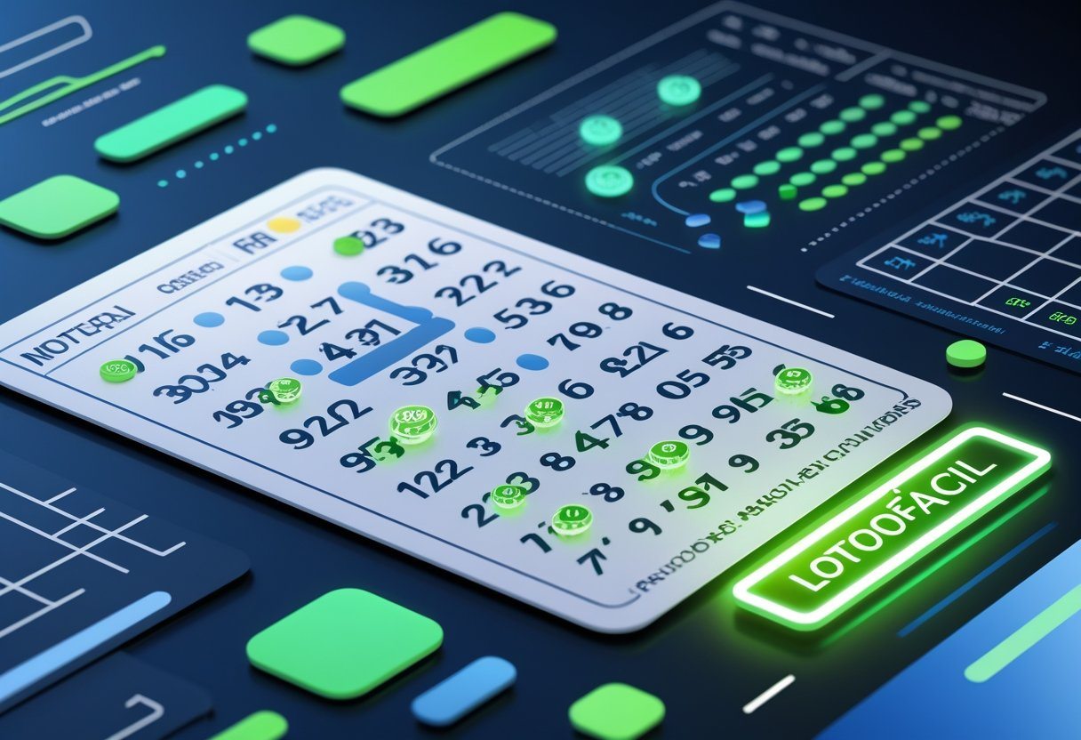 Ilustração mostrando um bilhete de Lotofácil com números destacados e elementos gráficos que representam estatísticas.