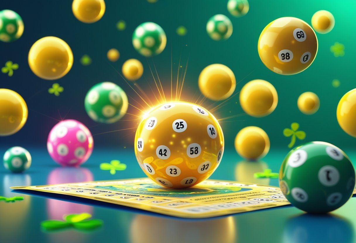 Ilustração mostrando uma cena com uma cartela de loteria cercada por bolas coloridas com números, algumas destacadas por um brilho sutil, com símbolos de sorte ao fundo.
