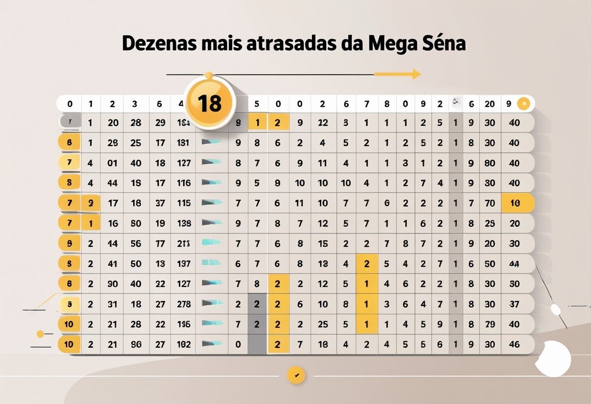Gráfico organizado mostrando números de loteria destacados para indicar os mais atrasados na Mega Sena.