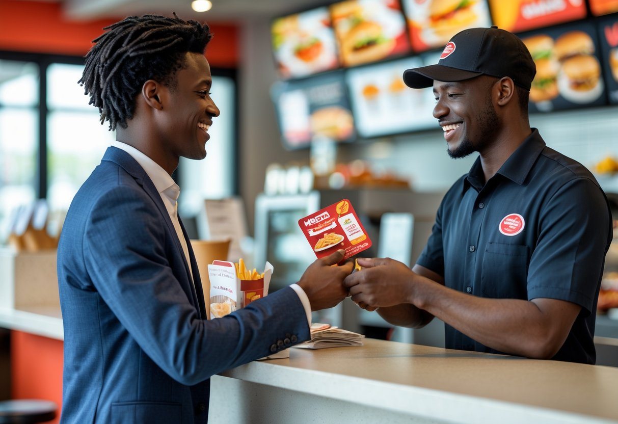 Cliente entregando um cartão de vale alimentação para um atendente em um restaurante de fast food.