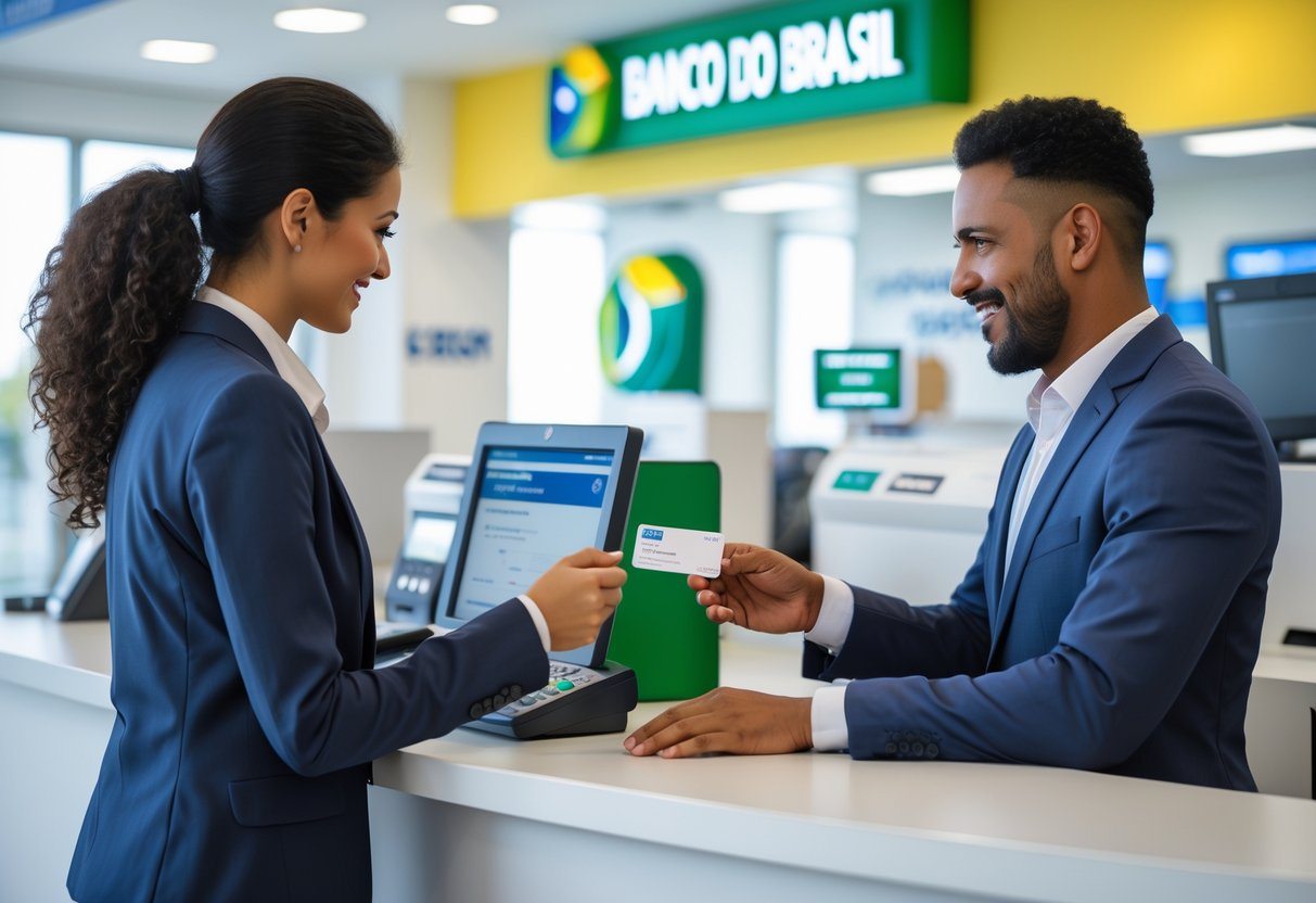 Pessoa em uma agência bancária moderna entregando cartão e documento para o atendente realizar uma transação.