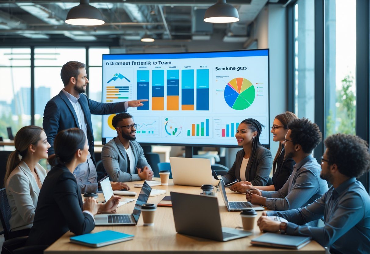 Grupo de pessoas em um escritório moderno discutindo informações exibidas em uma tela digital.