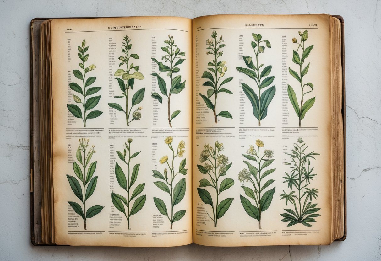 Página antiga de publicação com ilustrações detalhadas de várias plantas dispostas de forma organizada.