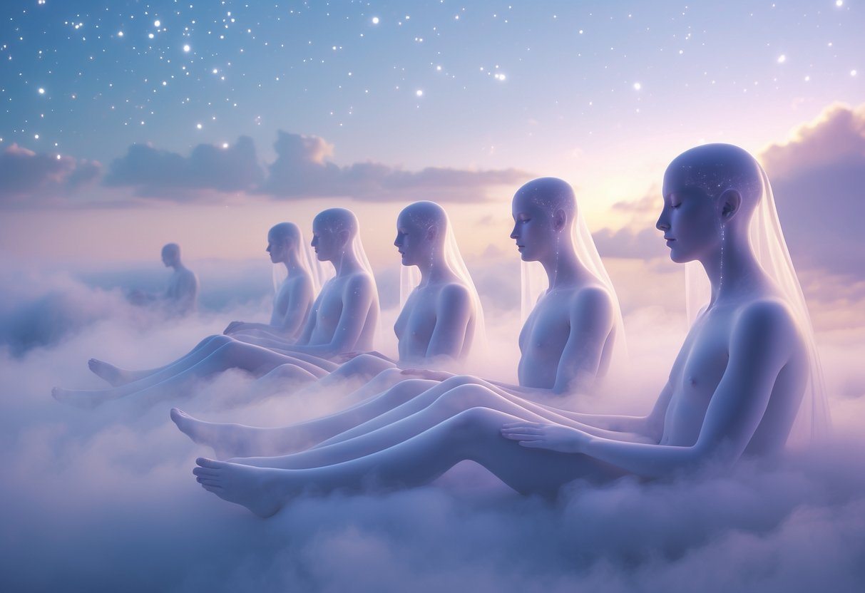 Seres etéreos e luminosos flutuando em um ambiente celestial e nebuloso.