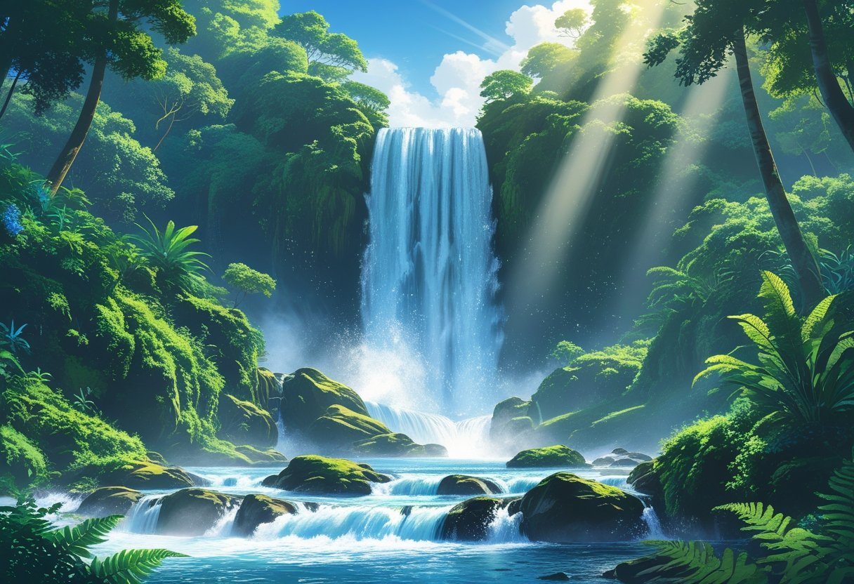 Cachoeira majestosa cercada por vegetação tropical densa, com água caindo sobre pedras e criando névoa sob a luz do sol.