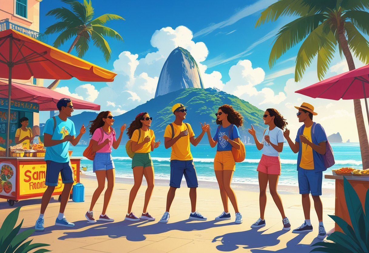 Um grupo de jovens conversando animadamente em uma rua ensolarada de Copacabana, com o Pão de Açúcar e o Cristo Redentor ao fundo.