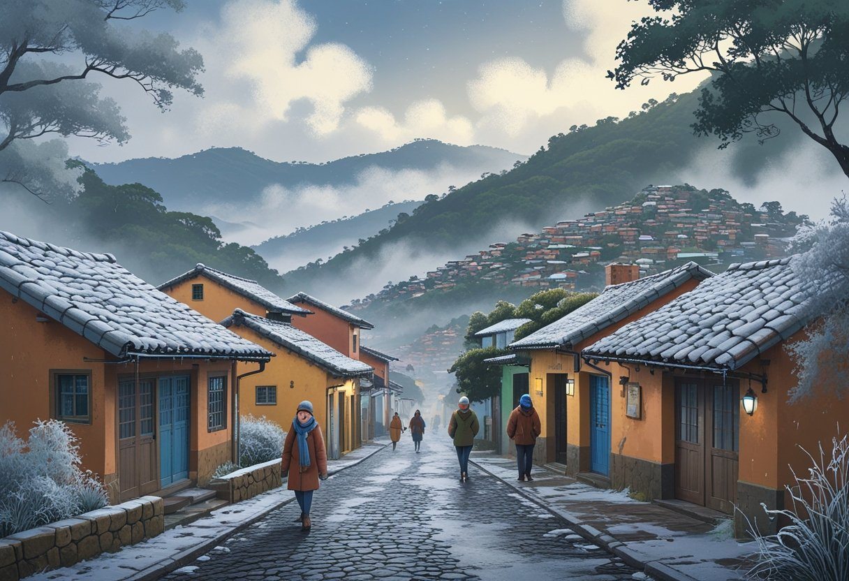 Uma pequena cidade do Nordeste do Brasil em clima frio, com casas coloridas, pessoas vestindo roupas quentes e montanhas ao fundo cobertas por neblina.