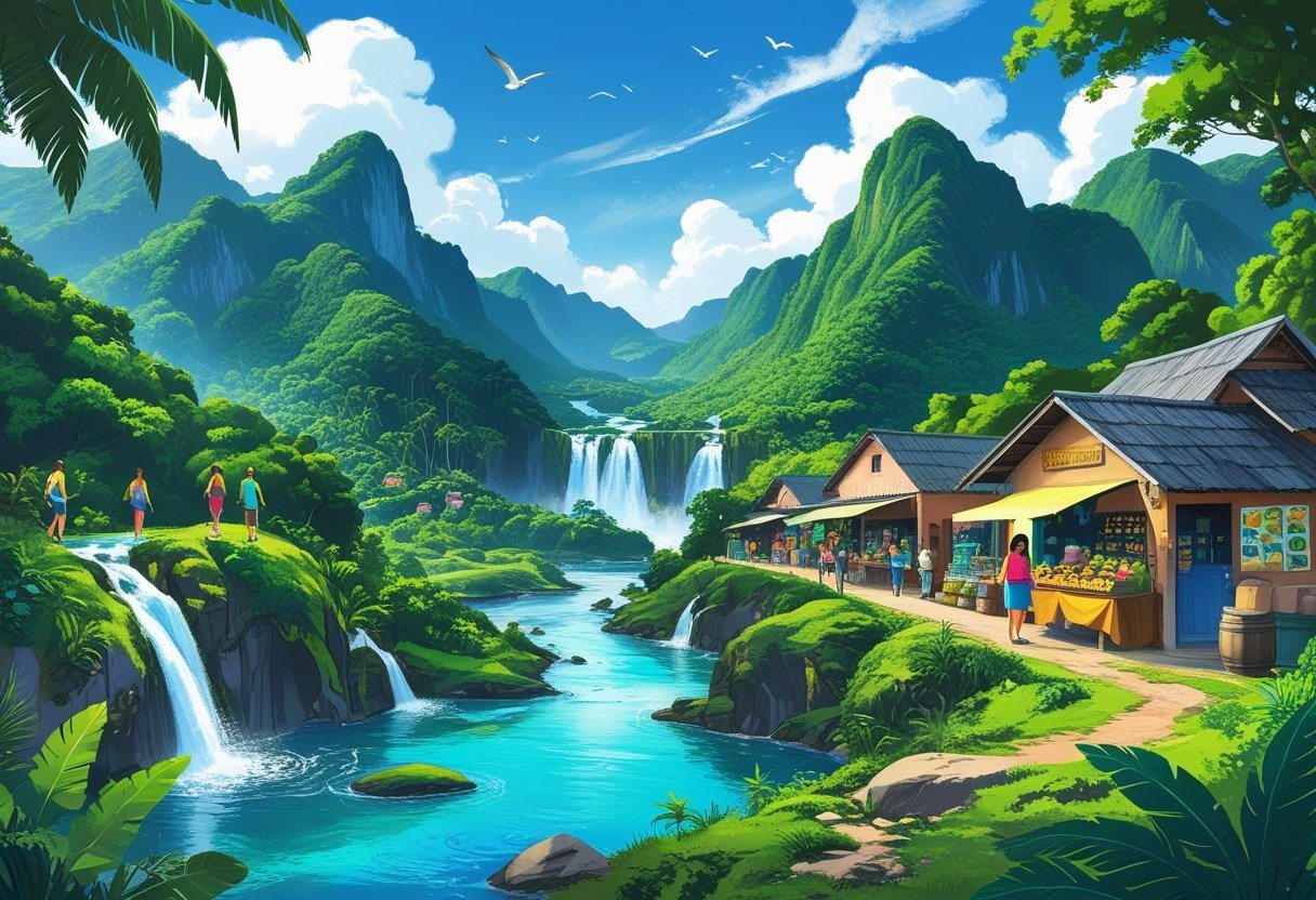 Paisagem de Lumiar com montanhas verdes, cachoeiras, pessoas caminhando em trilhas, uma vila rústica com casas coloridas e barracas de mercado local.