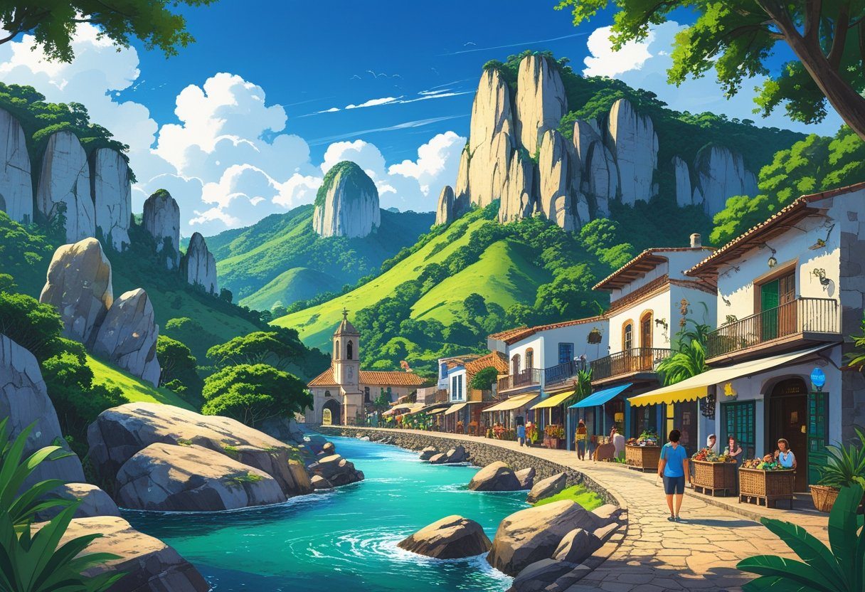 Paisagem de São Thomé das Letras com pedras grandes, vegetação verde, casas de pedra, pessoas caminhando, cachoeiras e uma igreja no topo de uma colina.