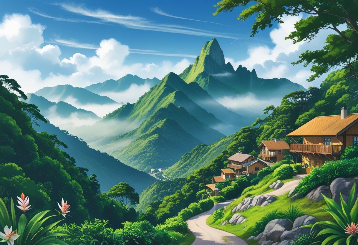 Montanhas verdes com vegetação densa e casas pequenas em meio à natureza no Rio de Janeiro.