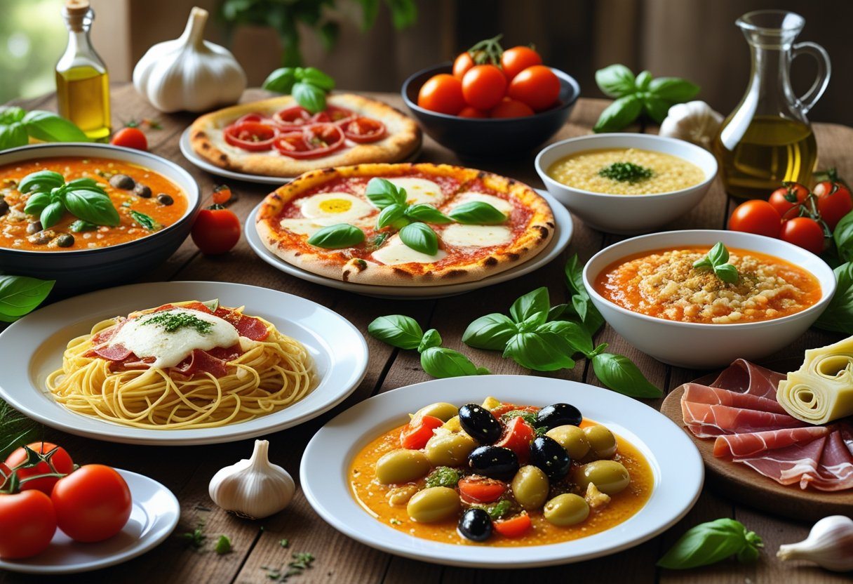 Mesa com uma variedade de comidas típicas da Itália, incluindo espaguete, pizza, risoto e antepastos, com ingredientes frescos ao redor.