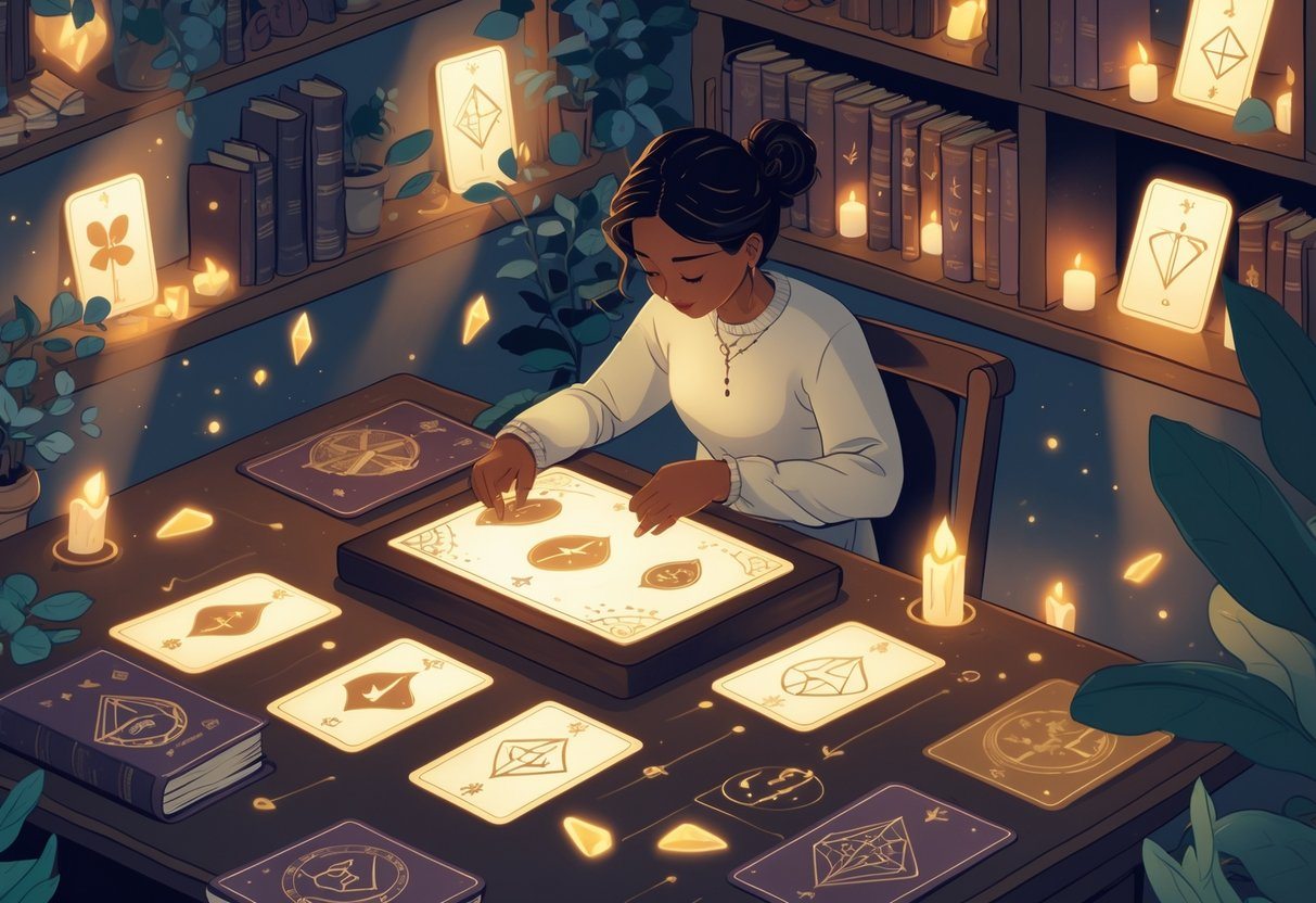 Pessoa sentada à mesa escolhendo uma carta de tarô em um ambiente acolhedor com cartas, cristais e livros místicos ao redor.
