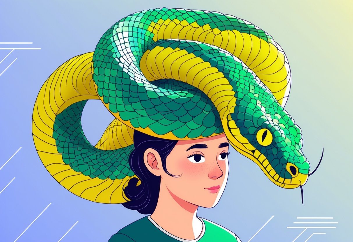 Pessoa com uma cobra grande enrolada na cabeça, em um cenário colorido e detalhado.