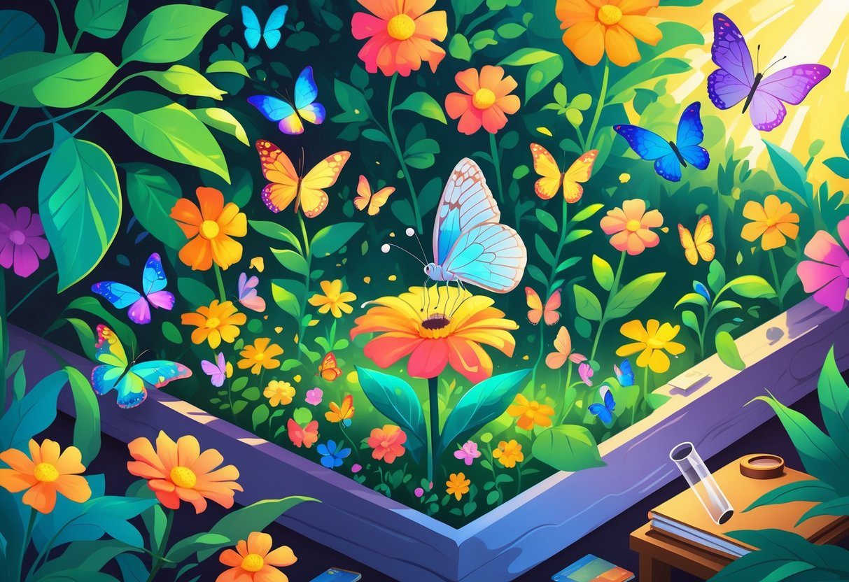Jardim com várias borboletas coloridas voando entre flores e plantas, com uma borboleta pousada em uma flor no centro.