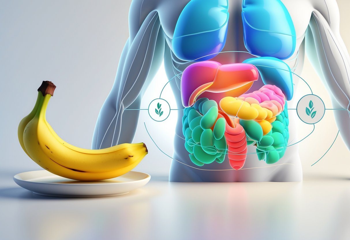 Ilustração mostrando um torso humano com o fígado destacado e uma banana ao lado, sugerindo a relação entre a fruta e a saúde do fígado.