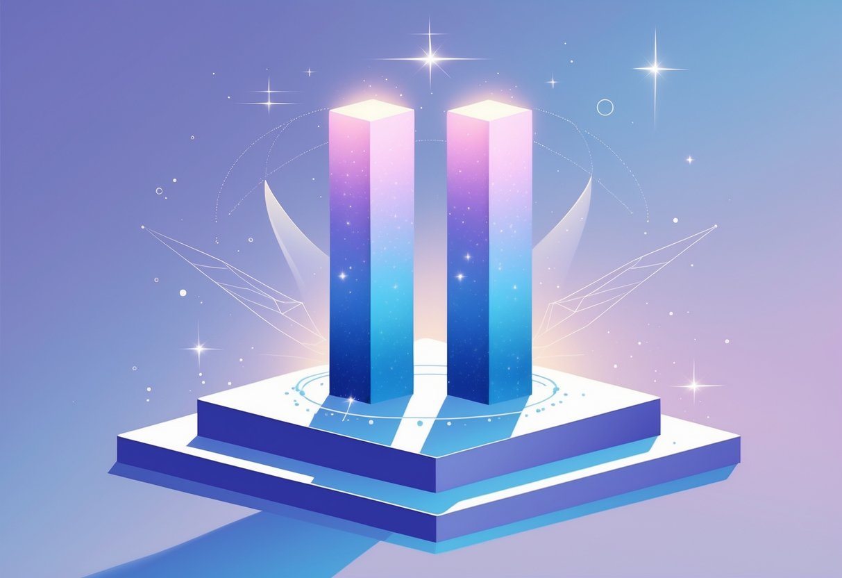 Duas colunas luminosas lado a lado em uma plataforma elevada, cercadas por luz suave e elementos etéreos que transmitem espiritualidade e intuição.