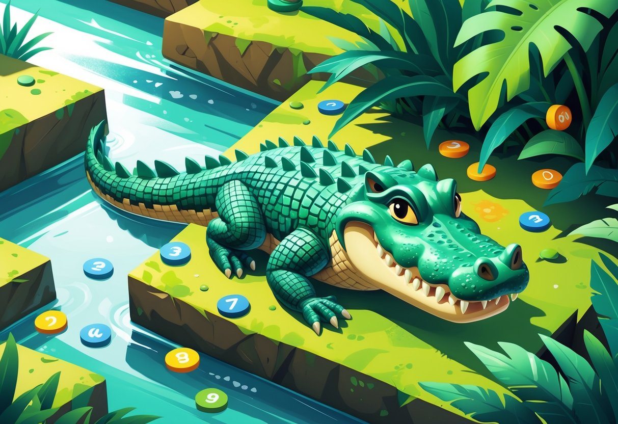 Ilustração de um jacaré estilizado em um cenário de margem de rio com plantas tropicais e elementos coloridos ao redor.