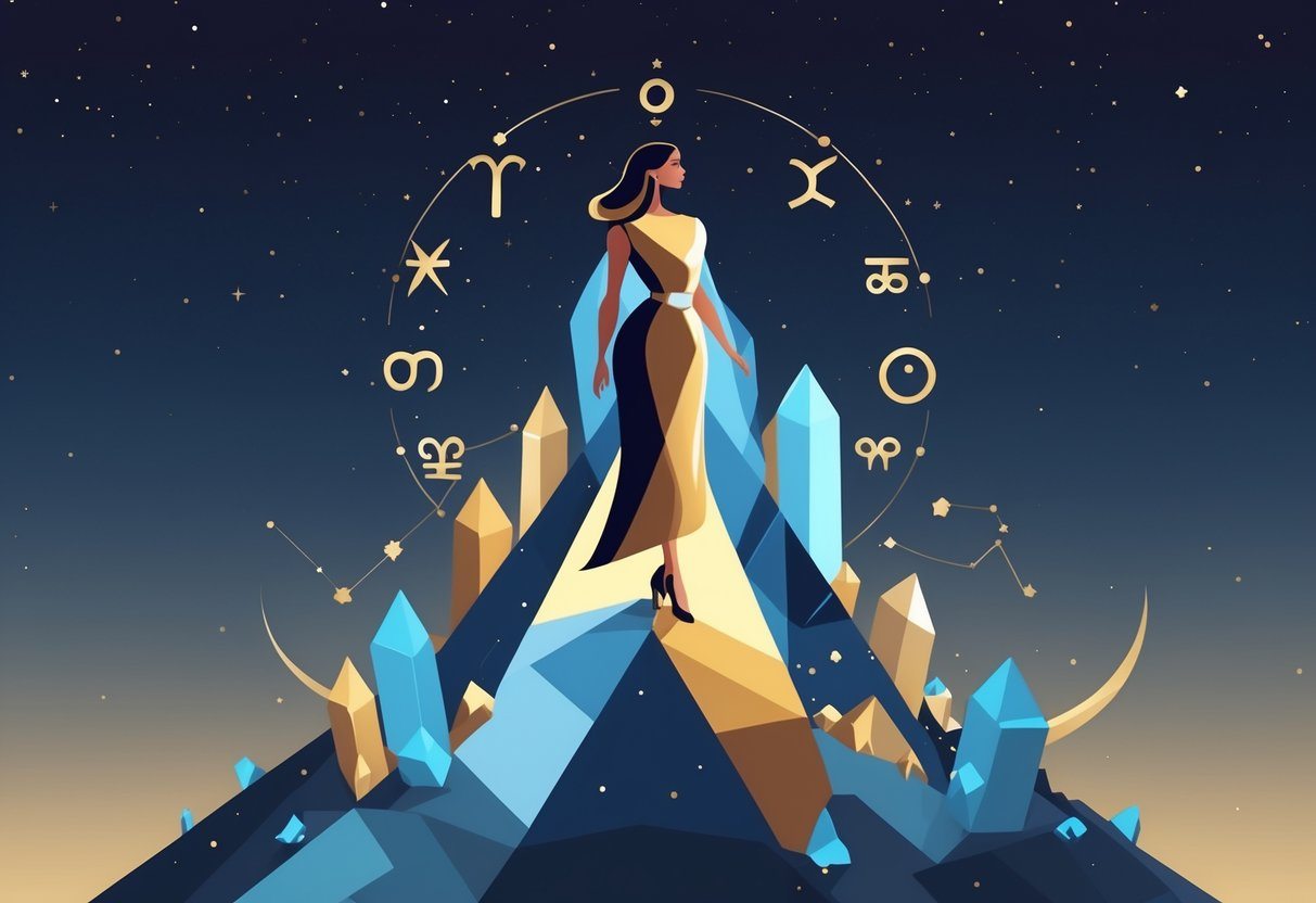 Uma mulher elegante em pé no topo de uma montanha de pedra, com símbolos astrológicos de Capricórnio e Vênus integrados ao ambiente, sob um céu estrelado com a constelação de Capricórnio.