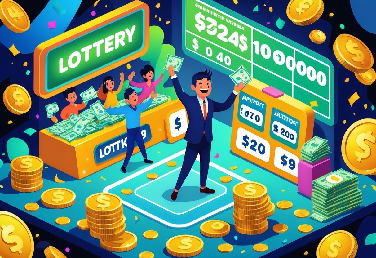 Homem comemorando vitória em loteria cercado por pessoas felizes, dinheiro e bilhetes de loteria em um ambiente festivo.