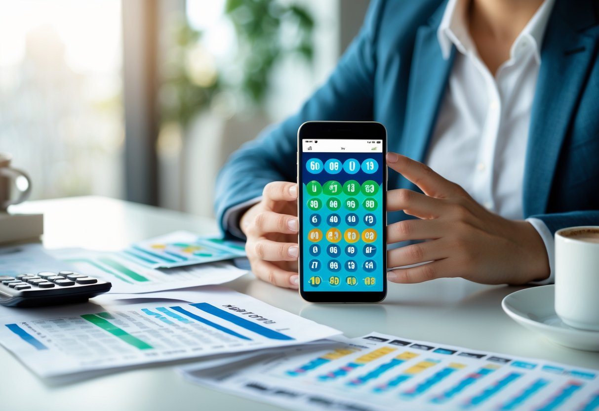 Pessoa sentada em uma mesa moderna olhando atentamente para a tela de um smartphone com números coloridos, com papéis, uma caneca de café e uma calculadora sobre a mesa.