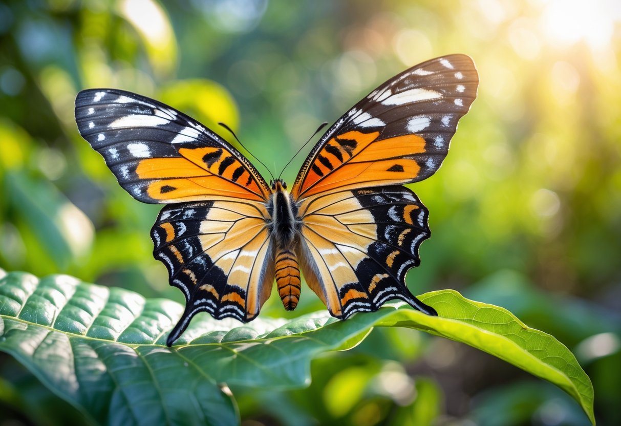 Borboleta colorida pousada em uma folha verde com fundo desfocado de vegetação.