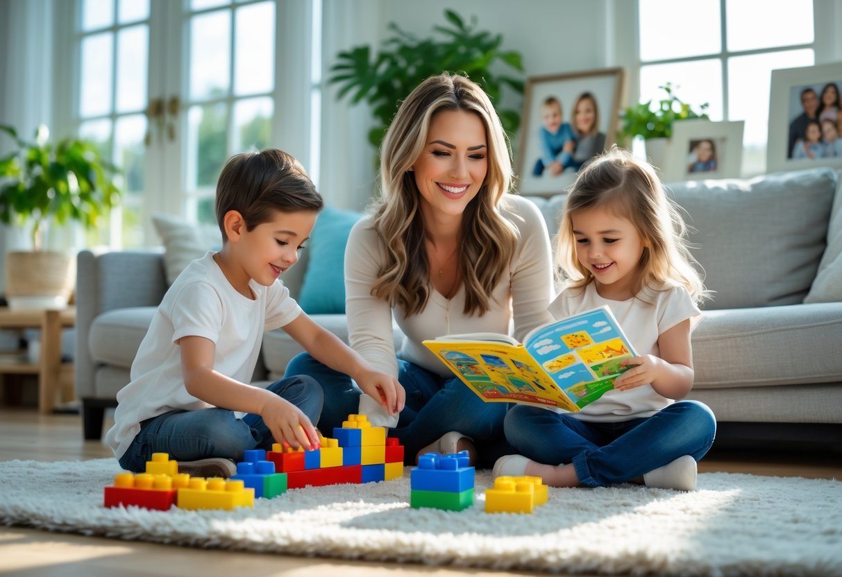 Mulher sorrindo sentada no sofá com duas crianças pequenas brincando no tapete em uma sala iluminada.