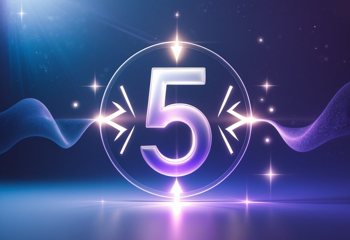 Número 5 brilhante no centro com símbolos místicos ao redor em um fundo azul e roxo suave.