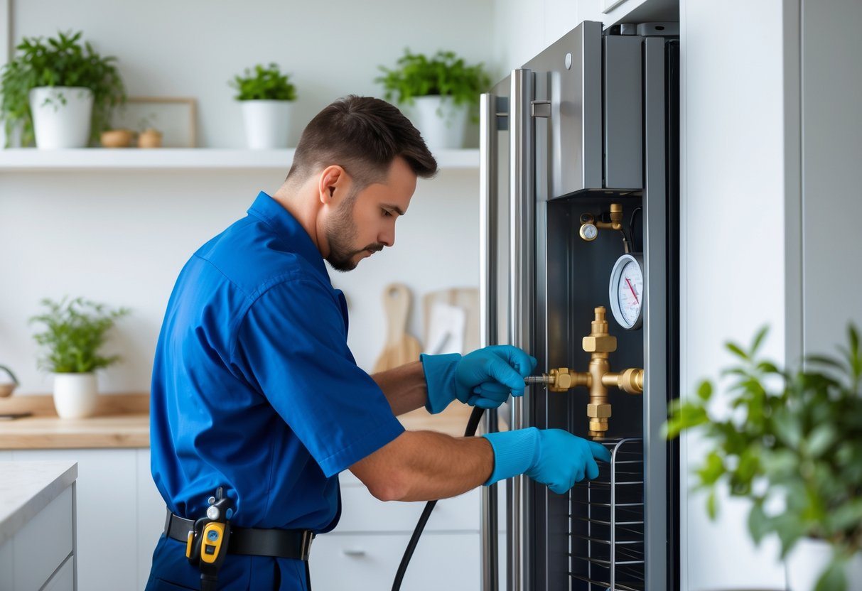 Técnico repondo o gás de uma geladeira em uma cozinha moderna e bem iluminada.