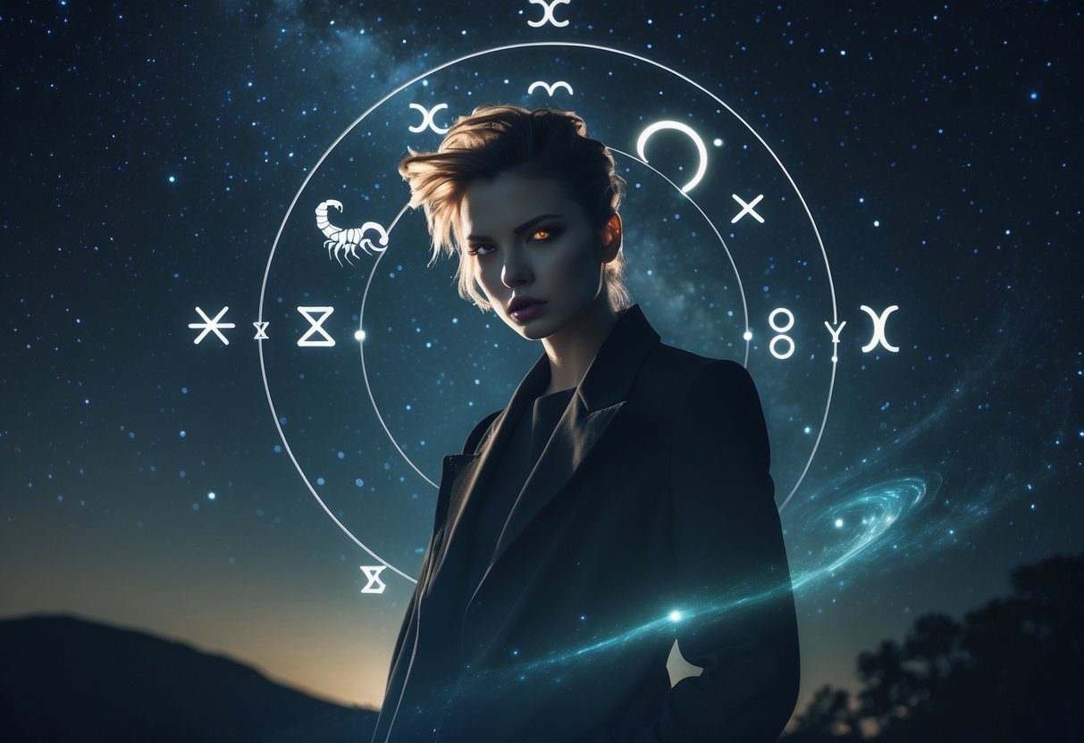 Pessoa confiante com olhar intenso em um cenário noturno estrelado com elementos cósmicos e a silhueta de um escorpião ao fundo.