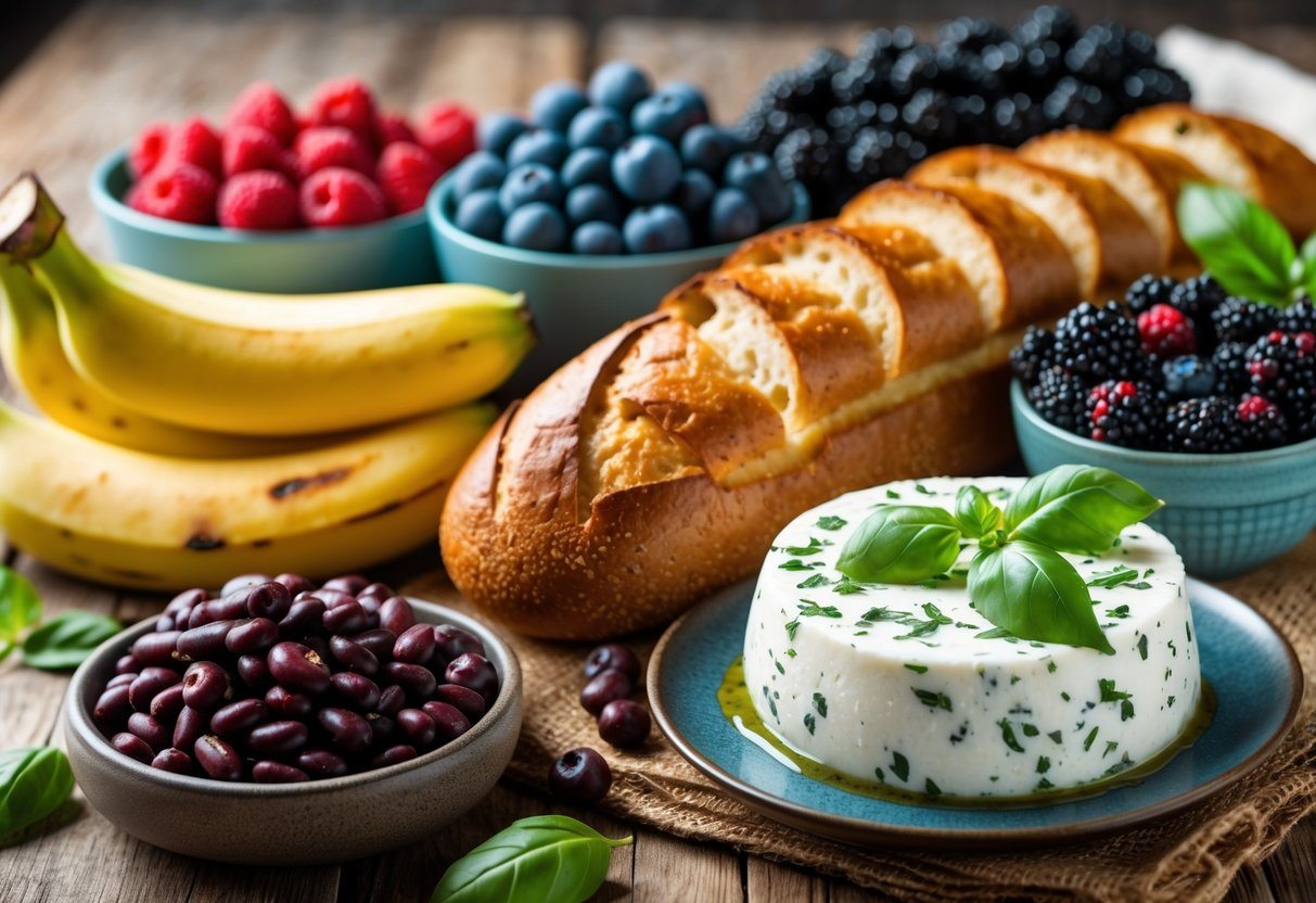 Mesa de madeira com variedade de alimentos começando com a letra B, incluindo bananas, frutas vermelhas, pão, burrata e feijão.