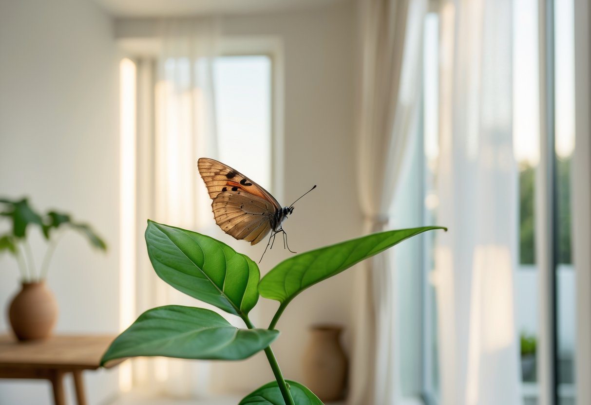 Uma borboleta pousada em uma planta dentro de uma casa iluminada pela luz natural.