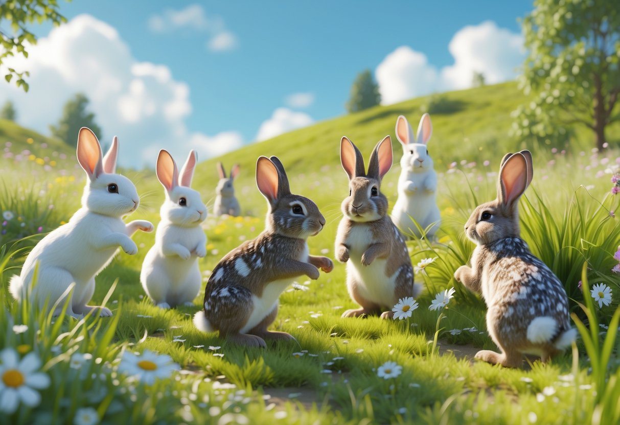 Vários coelhos brincando em um campo gramado com flores e árvores ao fundo sob um céu azul.