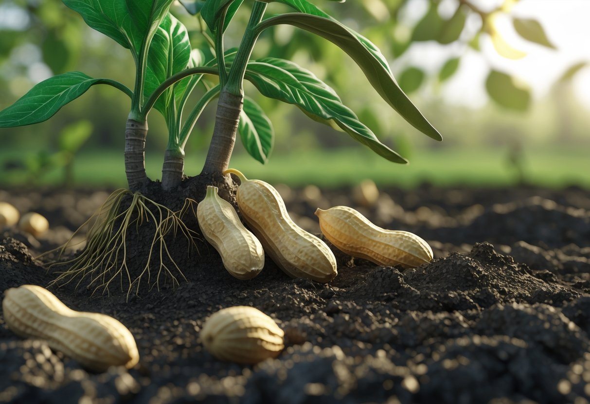 Planta de amendoim crescendo na terra, mostrando folhas verdes acima do solo e amendoins se desenvolvendo enterrados.