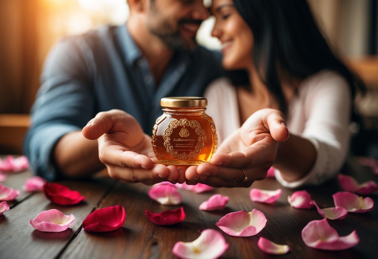 Duas mãos segurando um pequeno pote decorado com mel, rodeado por pétalas de rosa, com um casal sorrindo ao fundo.