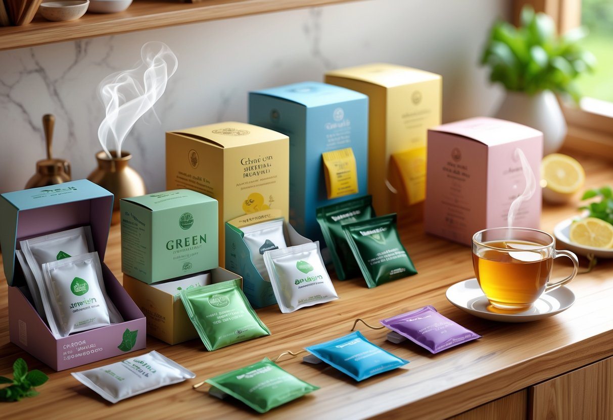 Cena de cozinha com várias marcas de chá em saquinhos sobre uma bancada de madeira, uma xícara de chá fumegante e ervas frescas ao lado.