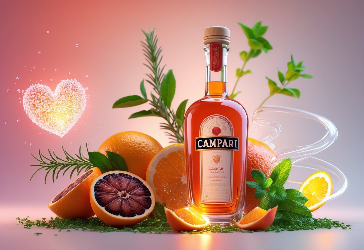 Uma garrafa de Campari transparente cercada por frutas cítricas frescas, ervas e elementos que simbolizam saúde, como um coração luminoso e folhas verdes ao redor.