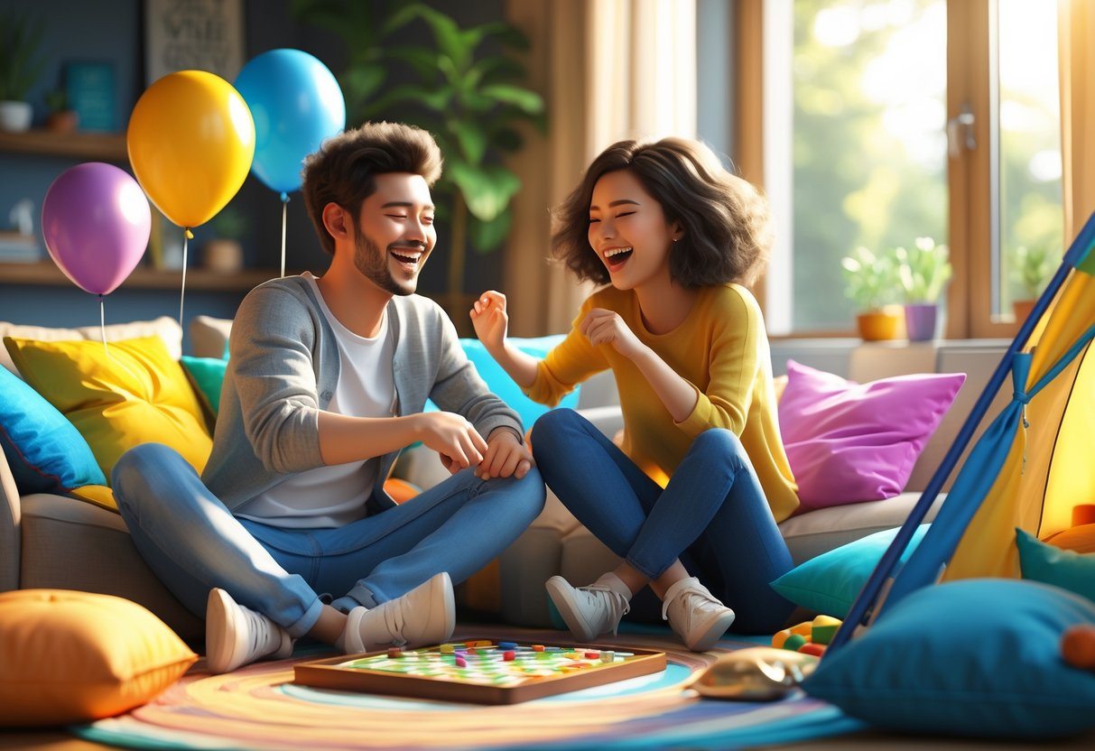 Casal jovem se divertindo juntos em uma sala de estar acolhedora, brincando e rindo com objetos coloridos ao redor.