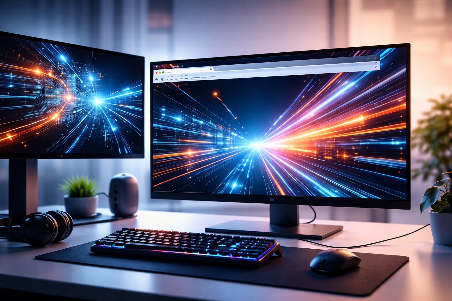 Computador moderno com múltiplos monitores exibindo gráficos digitais abstratos que simbolizam velocidade e processamento, em um ambiente de trabalho tecnológico e organizado.