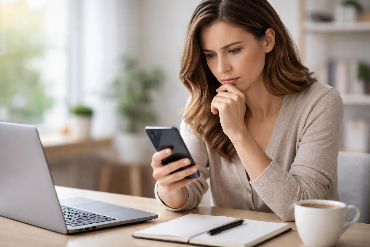 Pessoa sentada em uma mesa moderna olhando atentamente para o celular com expressão preocupada, em um ambiente de escritório em casa.