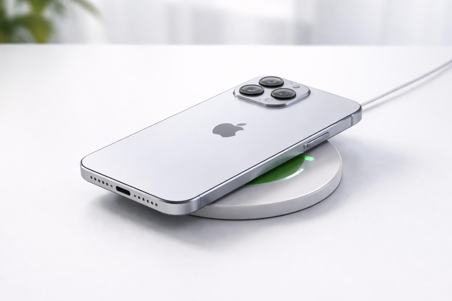 Um iPhone colocado sobre um carregador sem fio em uma superfície branca, mostrando o carregamento por indução.