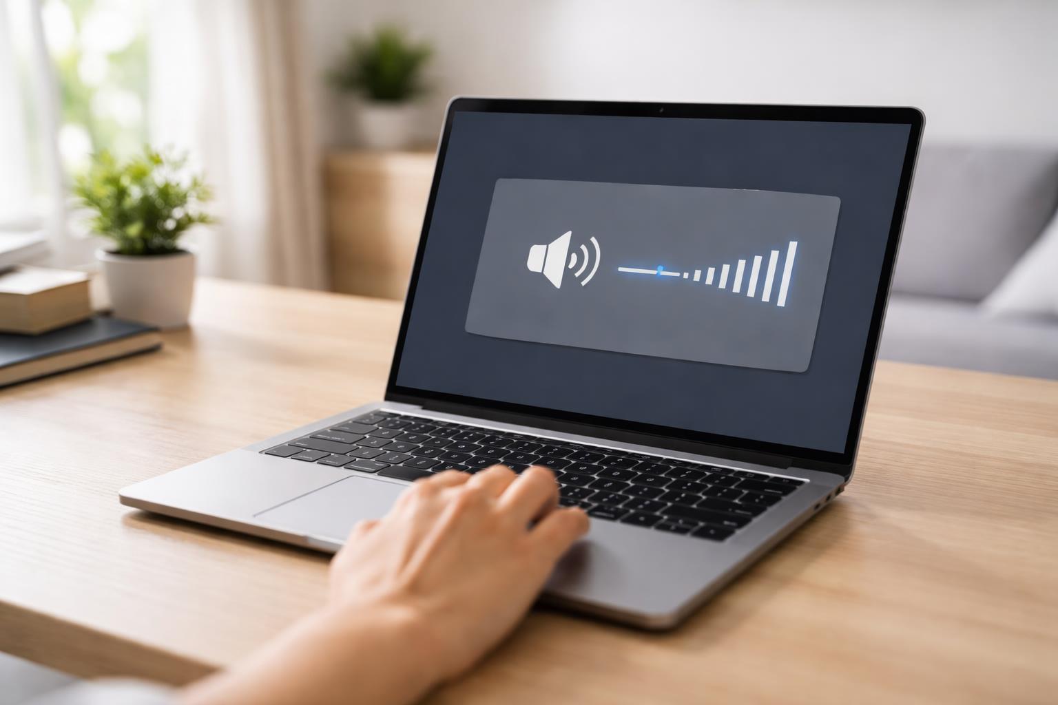 Mão ajustando o volume em um notebook moderno em uma mesa de madeira clara, com uma interface de configurações de som visível na tela.