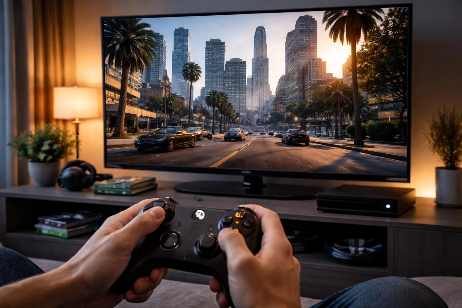 Pessoa segurando controle Xbox One em uma sala de estar, com a tela de TV mostrando uma cena do jogo GTA 5.