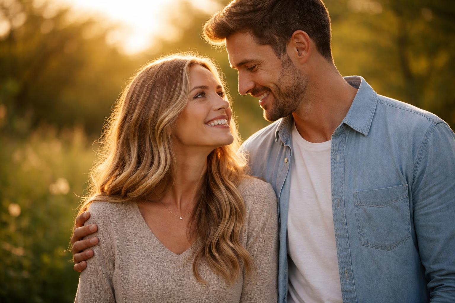 Casal feliz abraçado ao ar livre em um ambiente natural durante o pôr do sol.